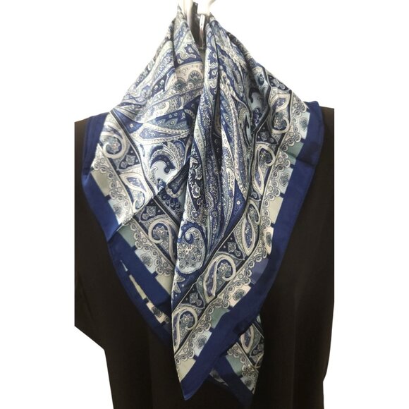 Luxury Paisley Blue/White Square Scarf 27 inch Western Wild Rag New With Tags - Picture 9 of 11